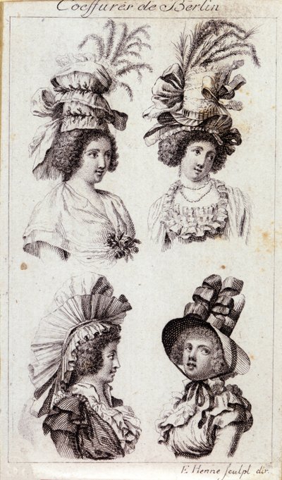 Moda século XVIII: os chapéus das mulheres de Berlim. Gravura a partir de 1793. de Unknown artist