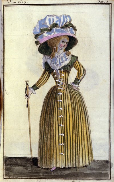 Moda: jovem mulher elegante com cana. 1787 de Unknown artist