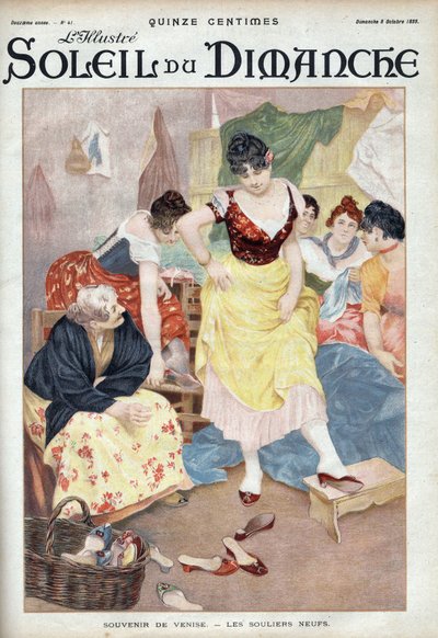 Moda do final do século XIX: novos sapatos de Veneza. Mulheres experimentando sapatos da cidade italiana. Gravura em "Le sun-du-dimanche", 8 de outubro de Unknown artist