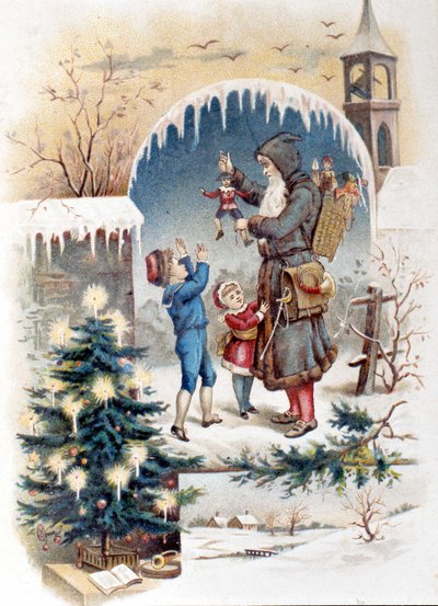 Pai Natal com filhos. Cromolitografia de 1892. de Unknown artist