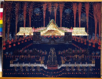 Fogos de artifício e iluminações em 25 de Abril de 1742, em Moscovo (Rússia). Trabalho anónimo, aguarela e guache em papelão, meados do século XVIII. Arte rococó. Museu de História do Estado, Moscovo. de Unknown artist