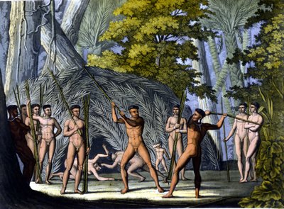 Luta entre botocudos, índios do Brasil - em "O traje antigo e moderno" de Ferrario, ed. Milão de Unknown artist