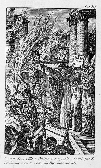 Incêndio da cidade de Béziers em Languedoc, executado por Santa Domingas sob as ordens do Papa Inocêncio III em "Os Crimes da Religião". de Unknown artist