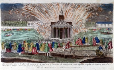 Fogos de artifício disparados na Praça de Luís XV em 30 de Maio de 1770, por ocasião do casamento de Luís Augusto, Dauphin de França com a Arquiduquesa Maria Antonieta, irmã do Imperador. Gravura de finais do século XVIII. de Unknown artist