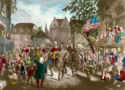 O primeiro da Guerra da Independência Americana: George Washington (1732-1799) entra triunfalmente em Nova York após a derrota inglesa de Unknown artist