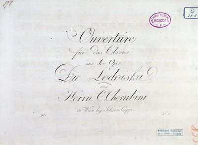 Primeira página da partitura musical de ouverture para pianoforte da ópera “” Lodoiska ”” de Luigi Cherubini de Unknown artist
