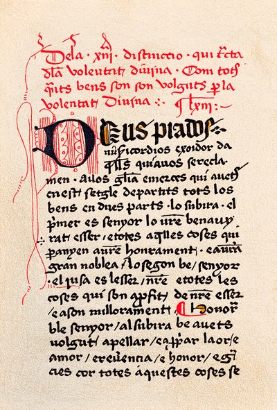 Primeira página da edição do "Livro da contemplação de Deus" (Llibre de la contemplacio de Deu) Filósofo e místico catalão Ramon Llull (Raymond Lulle de Unknown artist