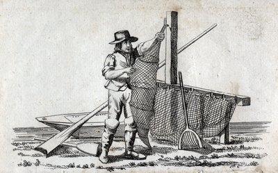 Pescador e rede de pesca. Gravura fina do século XVIII. Colecção privada. de Unknown artist