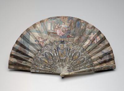 Leque dobrável com "Rinaldo e Armida", segundo François Boucher, c.1734-50 (guache & w - c em pergaminho duplo e folha de papel, madrepérola, douramento e colar joias) de Unknown artist