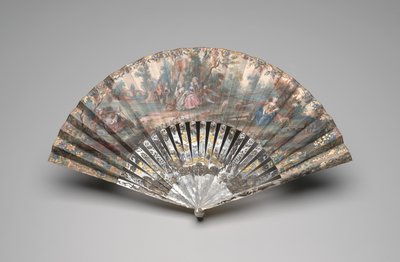 Leque dobrável com cena pastoral, c.1740-60 (guache sobre folha dupla de papel, madrepérola, joia dourada e pasta) de Unknown artist
