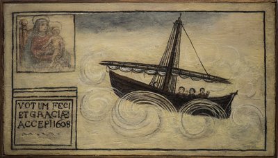 Ex-voto (ex voto) marinheiro, oferta popular como penhor de devoção e gratidão do marinheiro sobrevivente aos perigos do mar vindos da Igreja de Carmine, Torre del Greco, perto de Nápoles 1608 Itália de Unknown artist