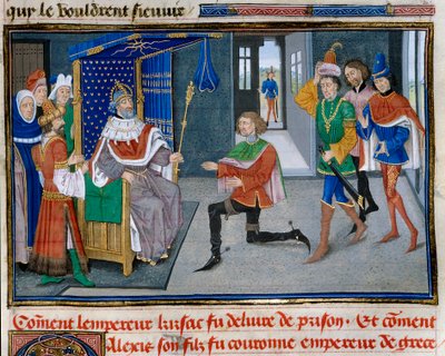 Quarta Cruzada: representação de Alexis IV Angel (1182-1204) é coroa imperatriz ao lado de seu pai Isaac II, depois de ter conseguido tirá-lo da prisão em 1203. Miniatura de "Chronicle abregee" de David Aubert de Unknown artist
