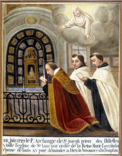Padre Arcanjo de São José, Prior dos Billettes, visita a igreja de Santa Ana por ordem da Rainha Maria Leszczynska, esposa de Luís XV para pedir a Deus o nascimento de um golfinho, 28 de Junho de 1729 - Ex-Voto Sainte Anne d