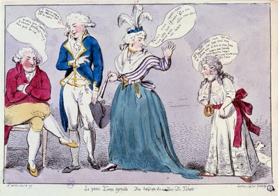 Revolução Francesa: Desenho animado contra a família da Rainha Maria Antonieta (1755-1793) e Luís XVI, preso na prisão do Templo. A rainha e a irmã do rei, Madame Elisabeth, discutem sob os restos mortais do rei. As suas palavras estão escritas em bolhas de Unknown artist