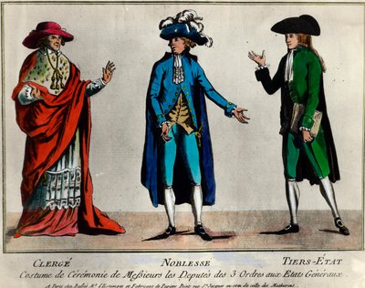 Revolução Francesa: representação dos delegados das três ordens nos Estados Gerais em traje cerimonial: o clero, a nobreza e o terceiro Estado (Estados Terceiros). Impressão do final do século XVIII Coleção Privada de Unknown artist