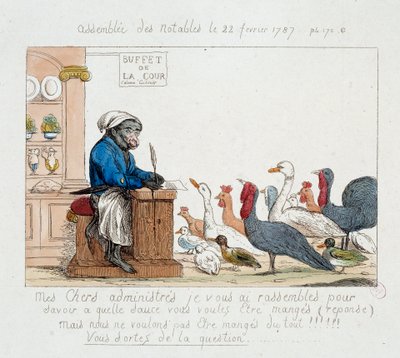 Revolução Francesa: "the Assembllee des notables du 22 de Fevereiro de 1787" Caricatura representando o Rei Luís XVI em cozinheiro macaco presidindo a uma assembleia composta por perus, galinhas, gansos e perus. Desenho do século XVIII. Carnaval do Musée d de Unknown artist