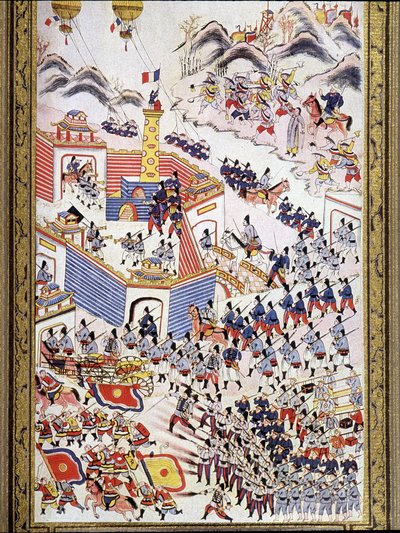 Balões franceses em cativeiro na captura de Hong Hoa em Tonkin, Agosto de 1884. de Unknown artist