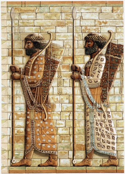 Friso dos arqueiros, os "Imortais" que formam a guarda dos Grandes Reis, descobertos em Susa: Fax-imitação de um baixo-relevo - em "História e monumentos dos esmaltes bizantinos" de N. Kondakow de Unknown artist