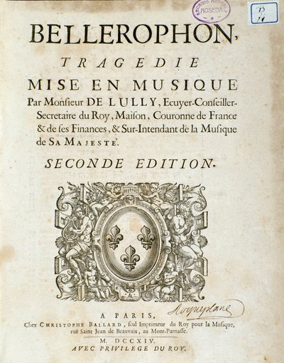 Frontispício da tragédia "Bellerophon" Lyrique em cinco atos com um prólogo de Jean Baptiste Lully (Giovanni Battista Lulli) (Jean-Baptiste) (1632-1687). 1714. de Unknown artist