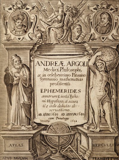 Frontispício de "Efemérides" com Hércules e Atlas de Andreae Argoli de Unknown artist