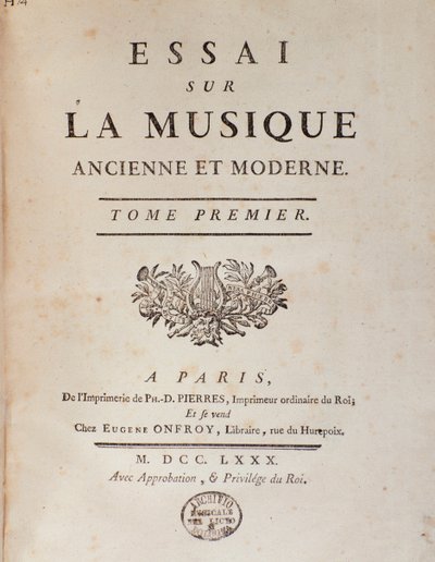 Frontispício de "Ensaio sobre música antiga e moderna" de Jean Benjamin de Laborde (Jean-Benjamin de La Borde) (1734-1794) 1780 Bolonha, museo musicale civico de Unknown artist