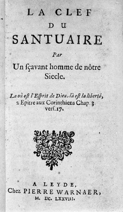 Frontispício de "A chave do santuário" de Baruch Spinoza (1632-1677), filósofo holandês também conhecido como Bento de Espinosa ou Benedictus de Spinoza ou Benoit de Spinoza. 1678 de Unknown artist