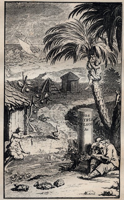 Frontispício do livro "Voyages et aventures de Francois Leguat et de ses compagnons en deux isles desertes des Indes Orientale" de François Leguat (1637-1735) Explorador francês - 1708 de Unknown artist