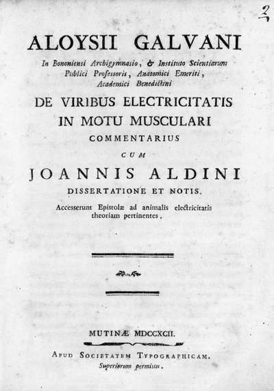 Frontispício de "De Viribus Electricitatis in Motu Musculari Commentarius" Um tratado sobre a circulação da electricidade nos músculos dos animais, de Luigi Galvani, físico italiano de Unknown artist