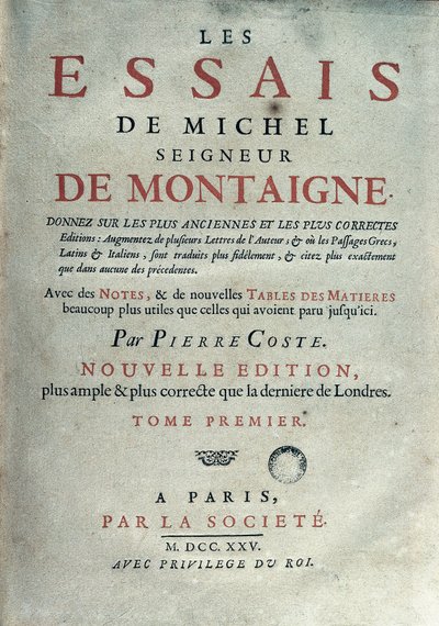 Frontispício de "" Les essays "" do escritor e humanista francês Michel de Montaigne (1533-1592). 1725 Barcelona. Biblioteca de Catalunya de Unknown artist