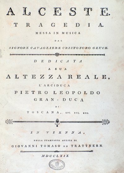Frontispício da folha de música de Alceste, ópera de C. W. Gluck de Unknown artist