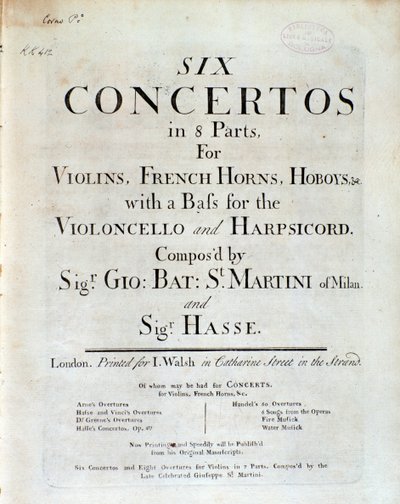 Frontispício de partitura de Seis concertos em 8 partes de G B Sammartini e J A Hasse de Unknown artist