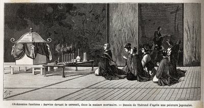 Cerimónias fúnebres: serviço religioso em frente ao caixão, na casa mortuária. Gravura para ilustrar a viagem ao Japão em 1863-1864, de Aime Humbert, ministro da Confederação Suíça, em "Le tour du monde, nouveau journal des voyages", publica de Unknown artist
