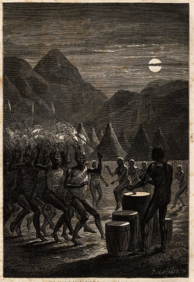 Cerimônia funerária entre os Lakutas (tribo localizada na região do Alto Nilo), tambores e danças rituais ao luar. Engravure pour illustration le voyage au lac Albert, en 1861-1864, de Sir Samuel White Baker, in "Le tour du monde, nouveau journal des de Unknown artist