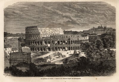 Vista geral do Coliseu, em Roma, anfiteatro flamengo concluído em 80, sob o reinado do Imperador Tito, acomodando até 75.000 pessoas, permaneceu em serviço até o século VI, símbolo da Roma imperiosa, localizada a leste do Fórum Romano, é de Unknown artist