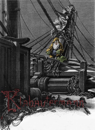 Mitologia germânica: representação de um Klabautermann no convés de um barco, um elfo protector dos navios no mar. Gravura do século XIX de Unknown artist