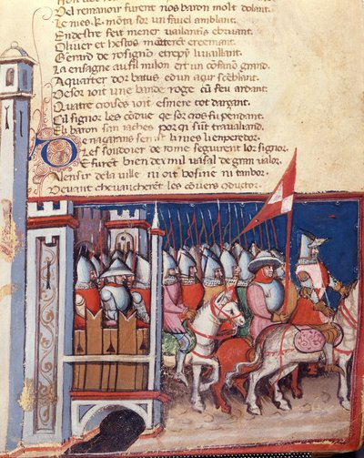 Canto dos gestos: um exército de homens a cavalo a sair de um castelo. Miniatura do manuscrito franco-italiano "Entree d