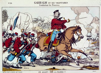 Giuseppe Garibaldi (1807-1882) lutando com os seus voluntários contra os Prussianos. "Avante, longa vida à França" Por volta de 1871. Gravura B.N. Paris de Unknown artist
