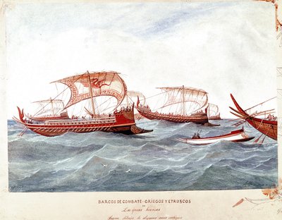 Navios de guerra gregos e etruscos (Watercolour de Unknown artist
