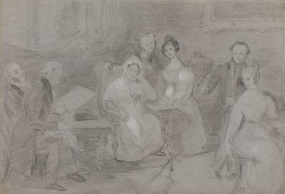 Grupo de figuras, com um homem a pintar em aguarela e uma rapariga a dar chávenas de chá de Unknown artist