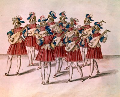 Grupo de músicos tocando alaúde. Aquarela e caneta de Daniel Rabel (1578-1637) do álbum "Chateau de Bicetre" Paris do século XVII, Museu do Louvre de Unknown artist