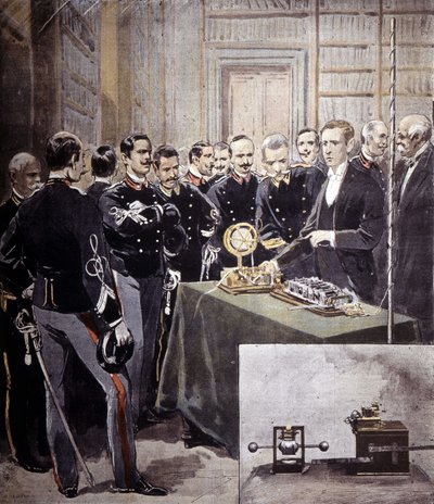 Guglielmo Marconi apresentou o telégrafo sem fio (TSF) em uma conferência no Ministério da Marinha em 1897. de Unknown artist