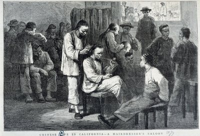 Salão de cabeleireiro na comunidade chinesa da Califórnia - gravura de Unknown artist