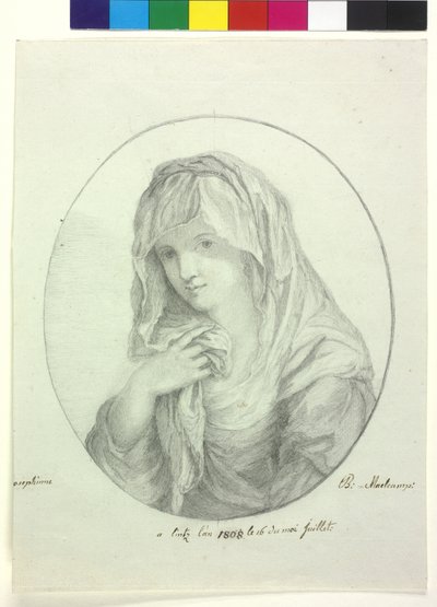 Meio comprimento de uma jovem mulher com um lençol à volta da cabeça Senhora com véu virgem vestal de Unknown artist