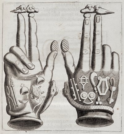 Mãos em "Mensae Isiaca" (discurso da Grande Mãe dos Deuses, seus selos, suas jóias e amuletos e algumas de suas figuras) de Unknown artist