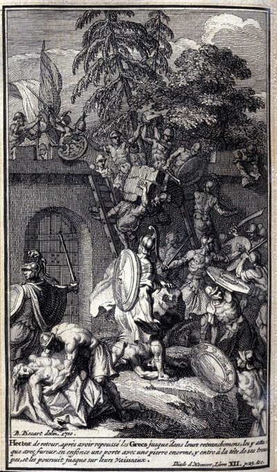 Hector, de volta depois de empurrar os gregos de volta às suas trincheiras, ataca-os com fúria, afunda uma porta com uma pedra enorme, entra nela à cabeça das suas tropas, e persegue-os até aos seus navios. Ilustração do livro XII da Ilíada de Homero, ediç de Unknown artist