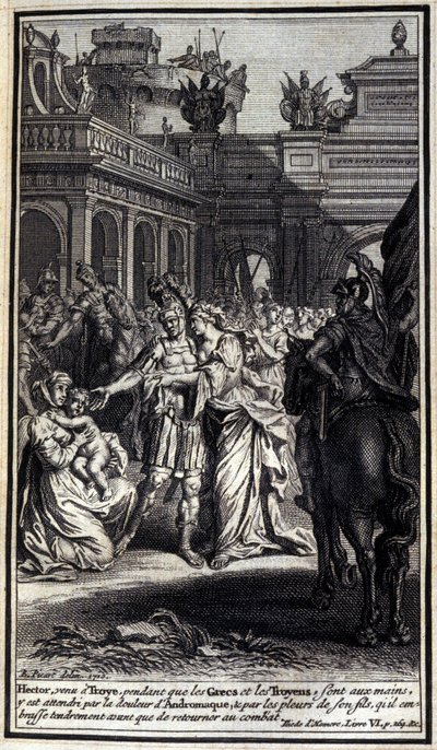 Hector, que veio a Tróia enquanto os gregos e os troianos estavam em suas mãos, foi afligido pela dor de Andromaque e pelo choro de seu filho, a quem ele beijou ternamente antes de voltar para a batalha. Ilustração do livro VI da Ilíada de Homero, Fren de Unknown artist