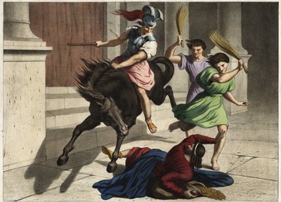 Heliodoro (Heliodoros) foi expulso do templo: por ordem do seu governante, ele tentou, sem sucesso, tomar os tresors do templo de Jerusalém. Gravura anónima de meados do século XIX. de Unknown artist