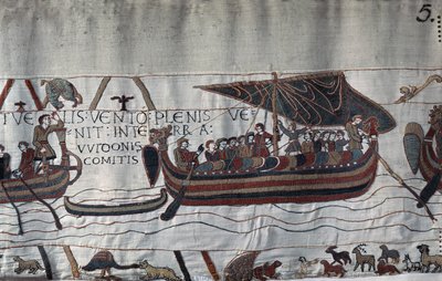 Sequestrado pela tempestade, o navio Harold II (1022 - 1066) encalhado na costa de Ponthieu - Bayeux Tapestry, conhecido como Bordado da Rainha Mathilde de Unknown artist
