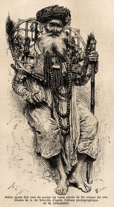Hindu jurou usar um grande círculo de ferro à volta do pescoço. Gravura para ilustrar a viagem nas províncias meridionais da Índia, de Alfred Grandidier, em 1862-1864, publicada em "le tour du monde", sob a direção de D