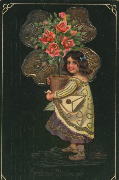 Cartão de saudação histórico com uma criança e uma grande planta em vaso, rosa de Unknown artist